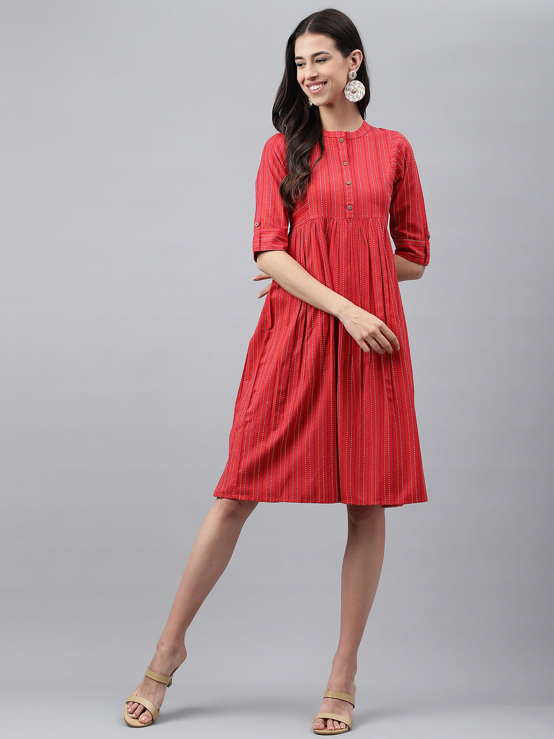 Women's Woven Design Red Cotton Dress - Janasya