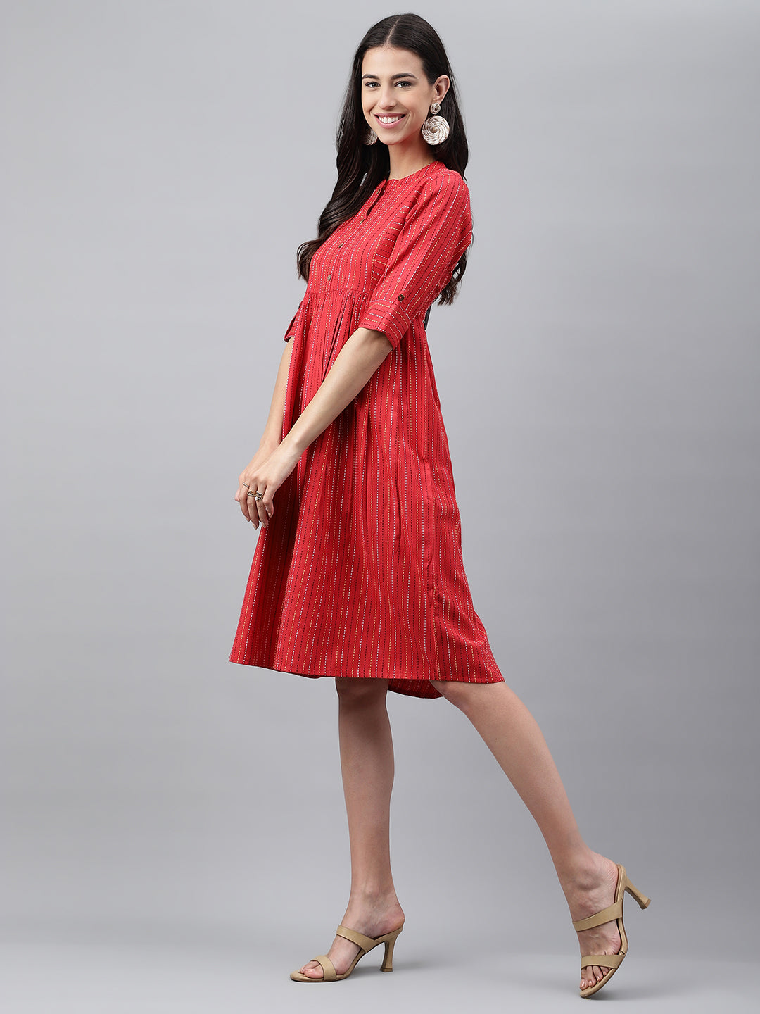 Women's Woven Design Red Cotton Dress - Janasya