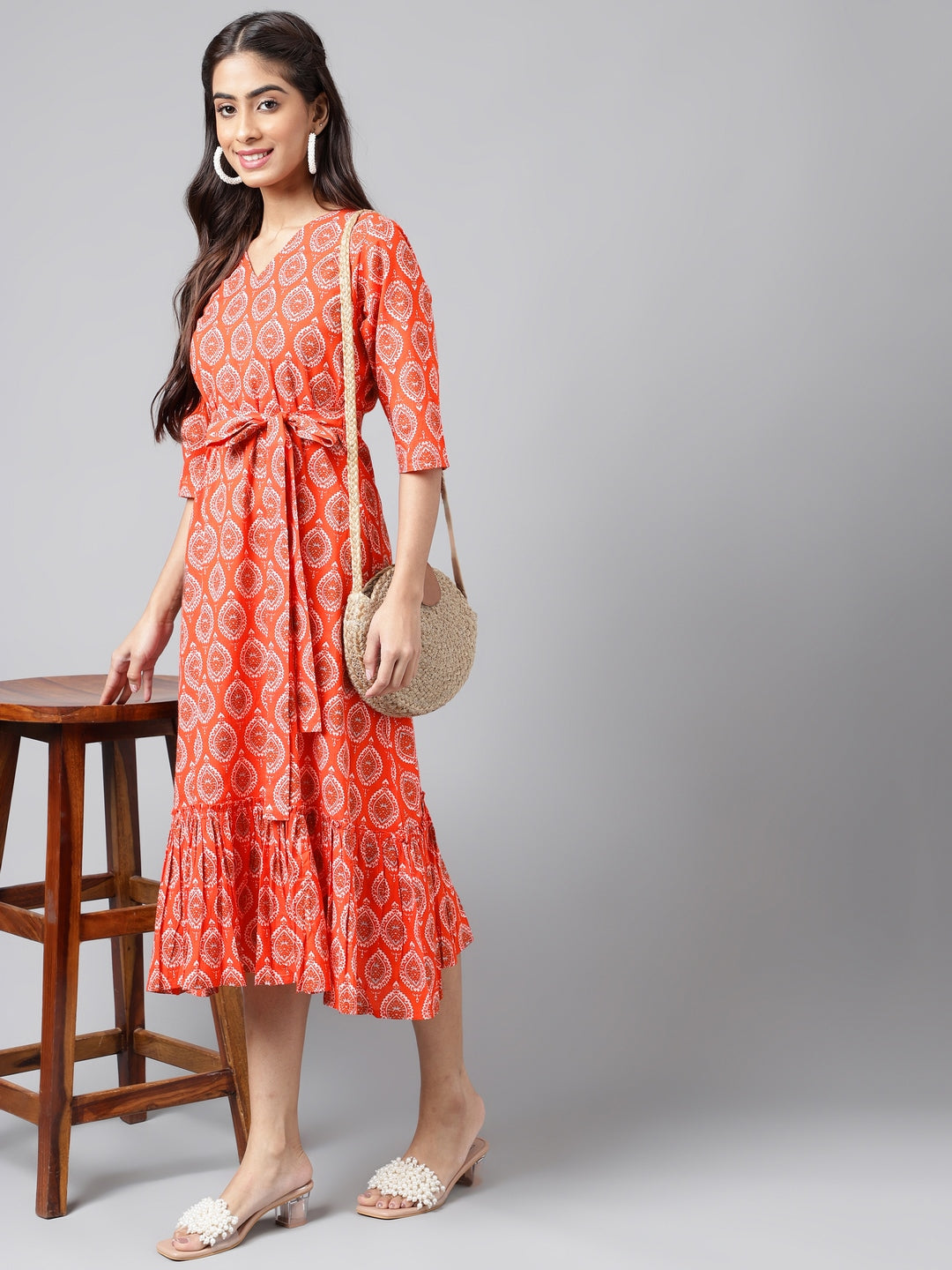 Women's Ethnic Motifs Printed Orange Cotton Dress - Janasya