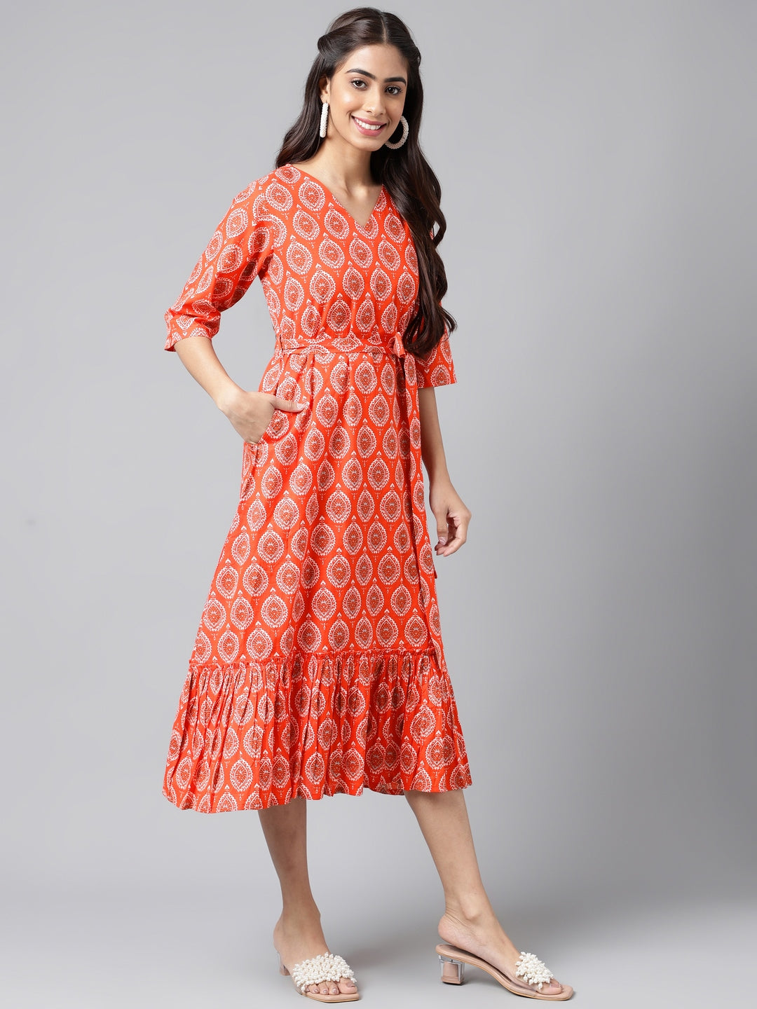 Women's Ethnic Motifs Printed Orange Cotton Dress - Janasya