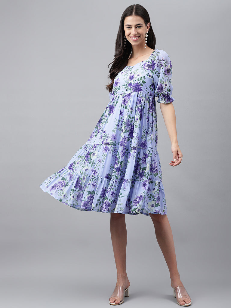Women's Floral Printed Lavender Georgette Dress