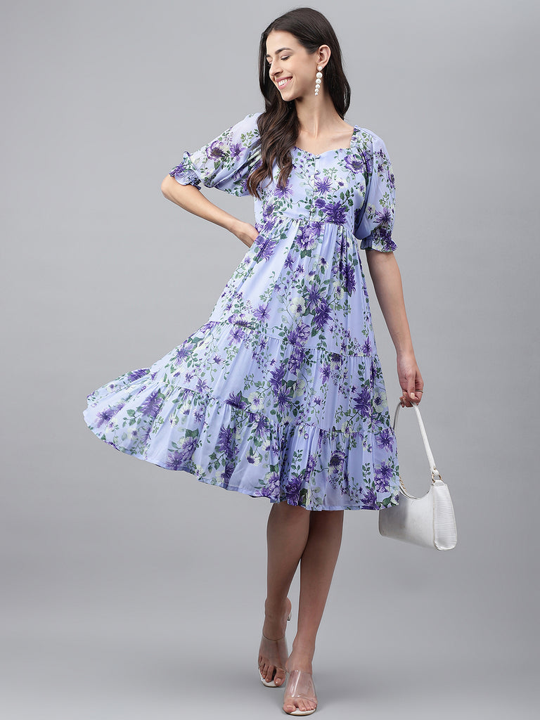 Women's Floral Printed Lavender Georgette Dress
