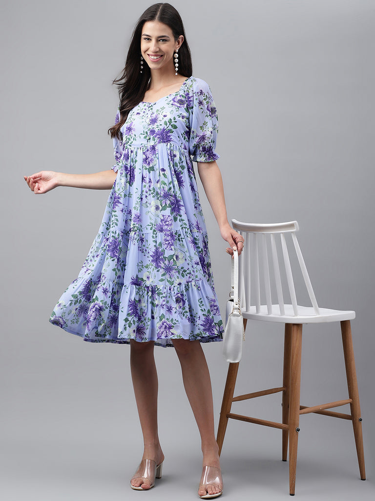 Women's Floral Printed Lavender Georgette Dress