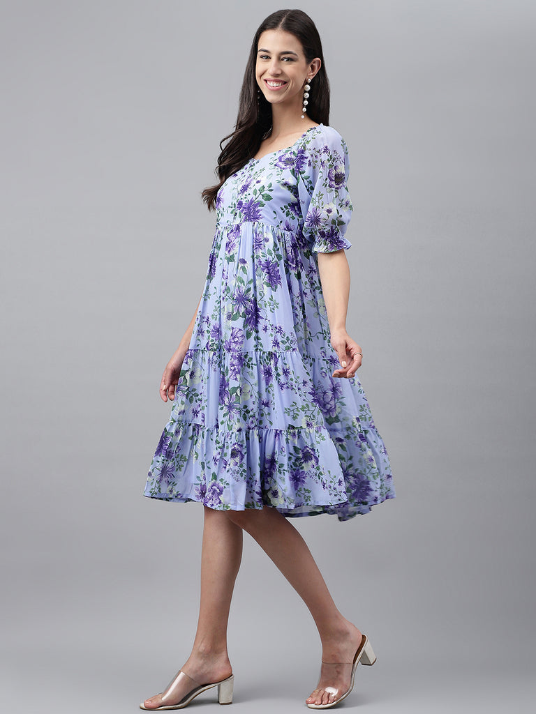 Women's Floral Printed Lavender Georgette Dress