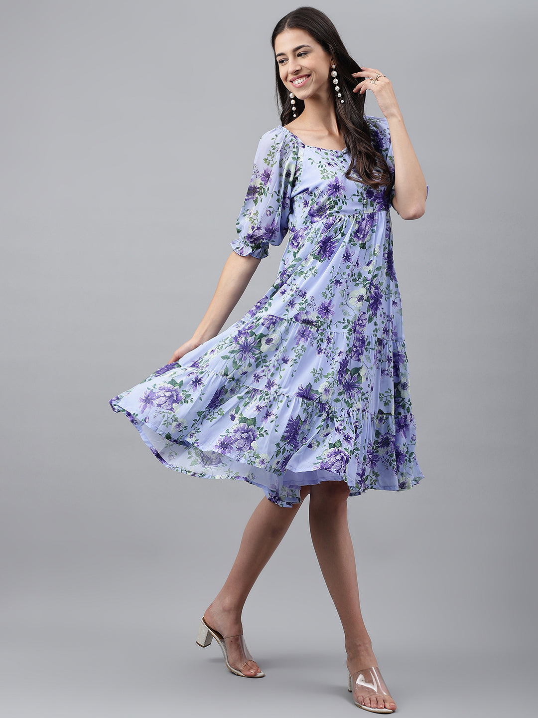 Women's Floral Printed Lavender Georgette Dress - Janasya