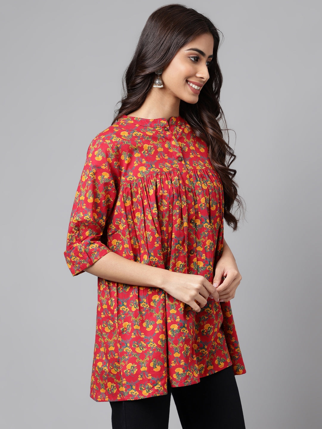 Women's Floral Printed Red Cotton Tunics - Janasya