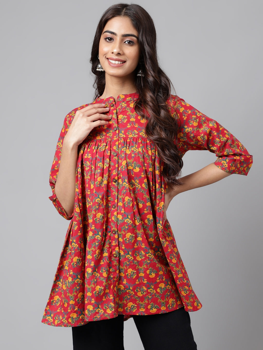 Women's Floral Printed Red Cotton Tunics - Janasya