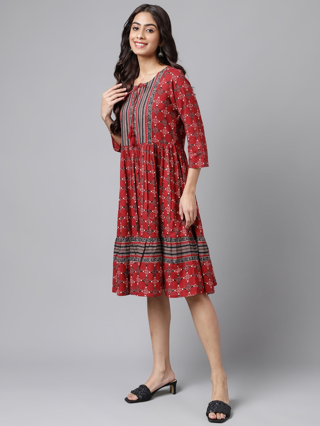 Women's Ethnic Motifs Printed Maroon Cotton Dress - Janasya