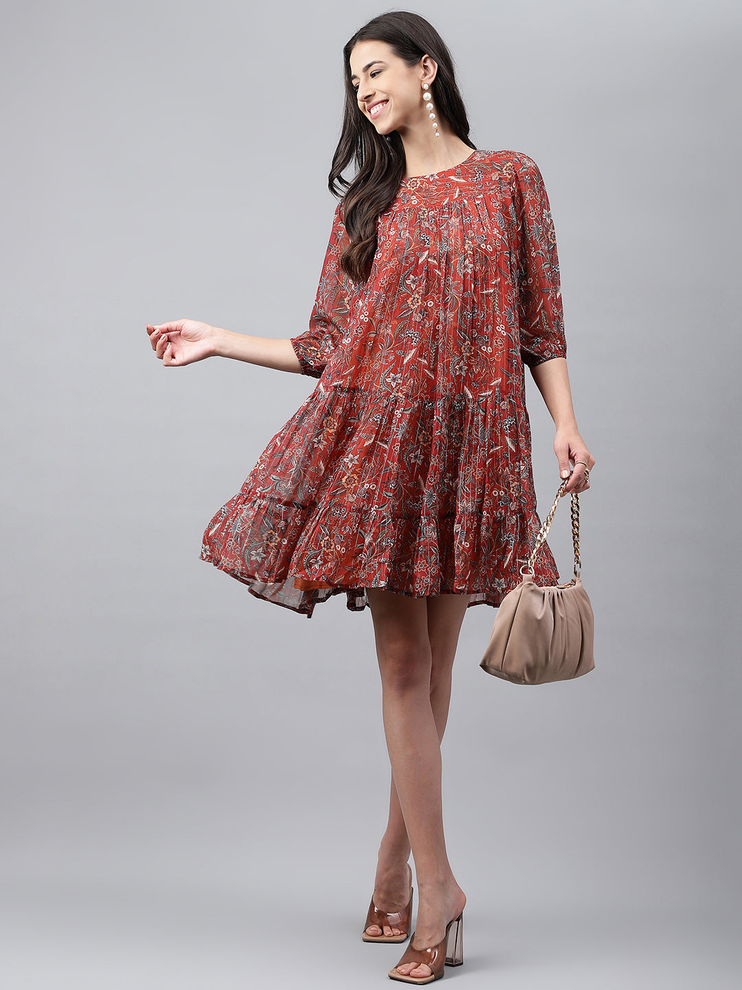 Women's Floral Printed Rust Chiffon Lurex Dress - Janasya