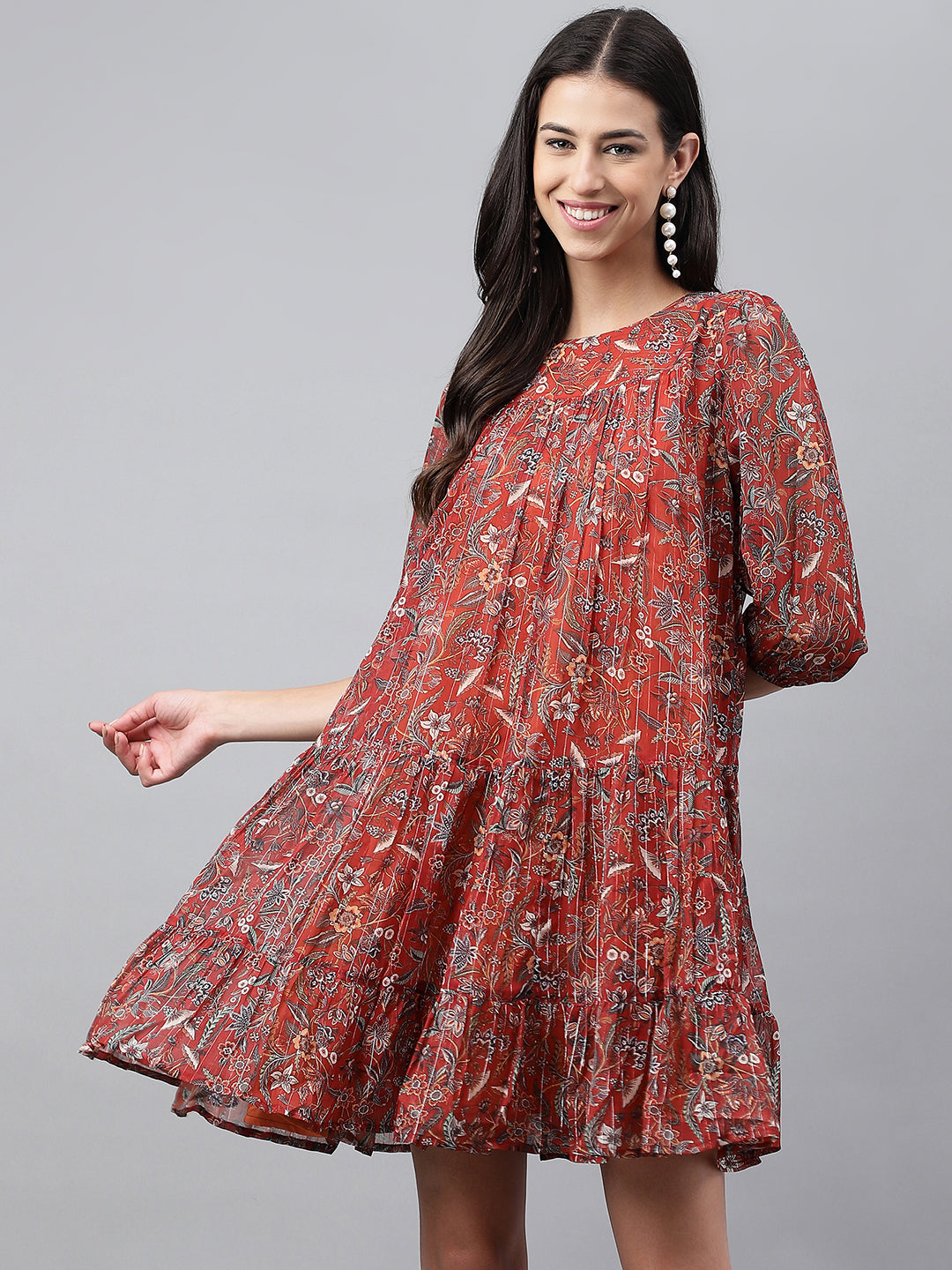 Women's Floral Printed Rust Chiffon Lurex Dress - Janasya