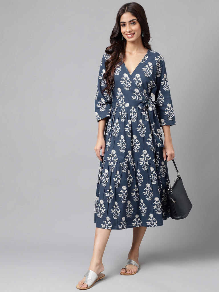 Women's Floral Printed Navy Blue Cotton Dress