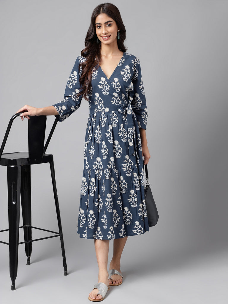 Women's Floral Printed Navy Blue Cotton Dress