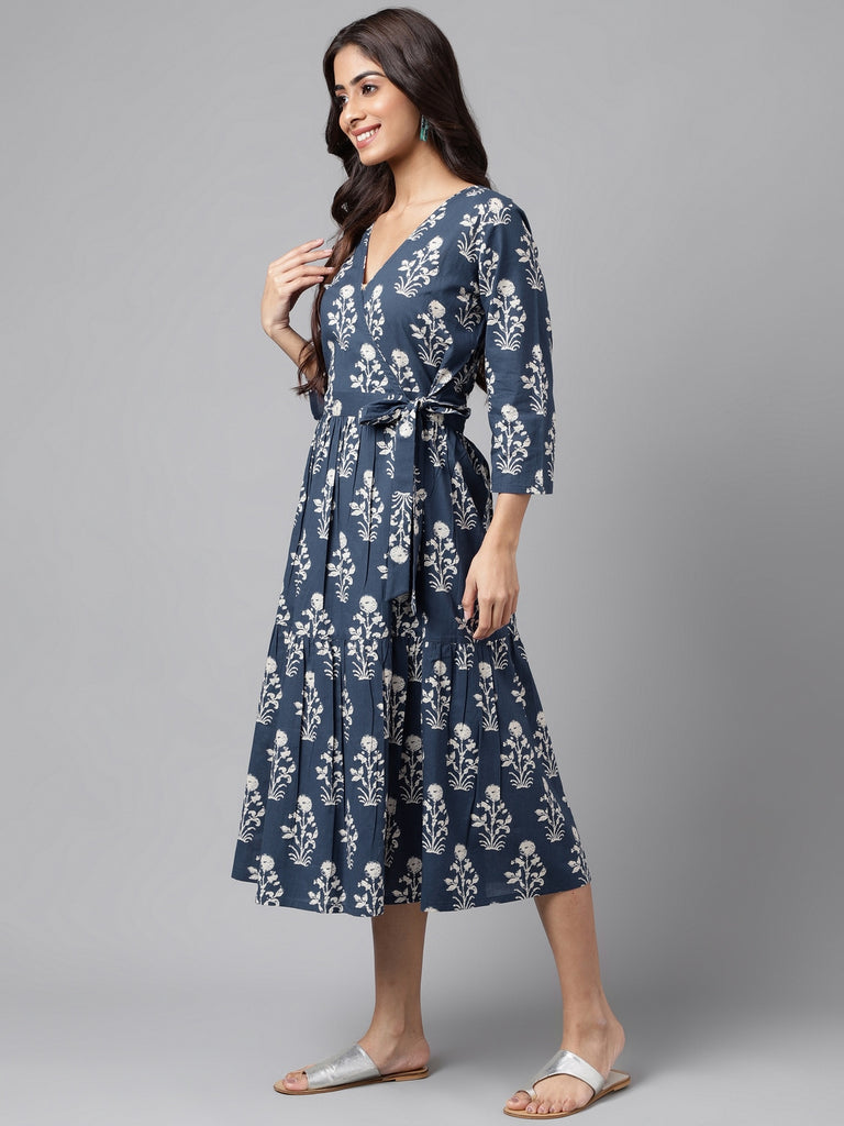 Women's Floral Printed Navy Blue Cotton Dress