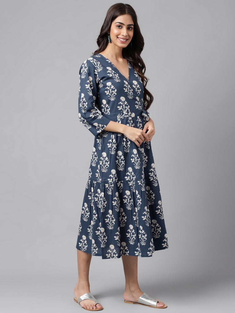 Women's Floral Printed Navy Blue Cotton Dress