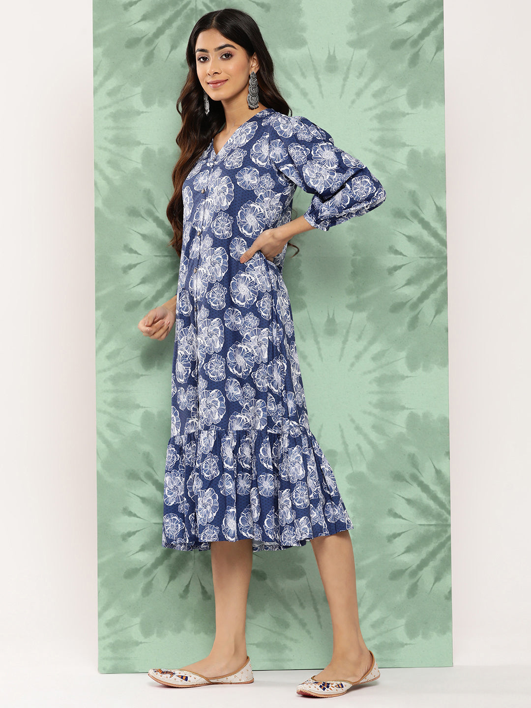 Women's Digital Floral Printed Blue Crepe Dress - Janasya