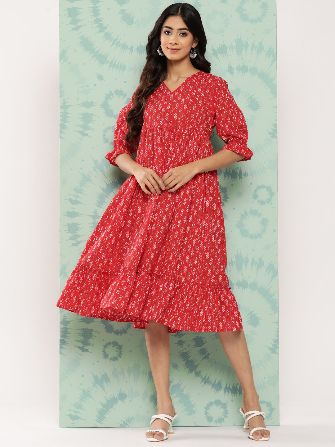 Women's Ethnic Motifs Printed Red Cotton Dress - Janasya