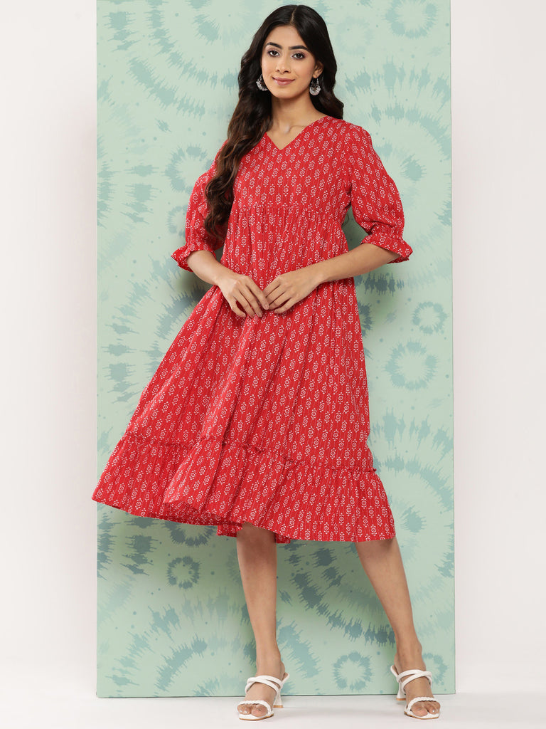 Women's Ethnic Motifs Printed Red Cotton Dress