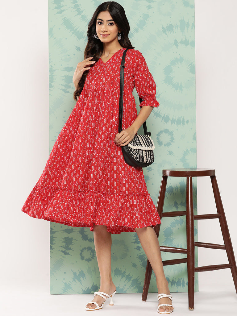Women's Ethnic Motifs Printed Red Cotton Dress