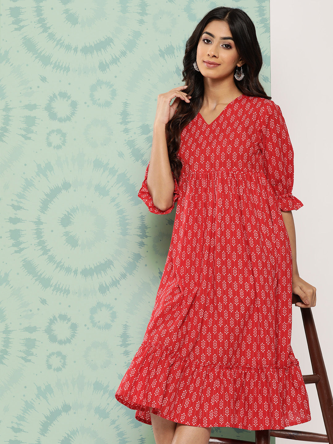 Women's Ethnic Motifs Printed Red Cotton Dress - Janasya