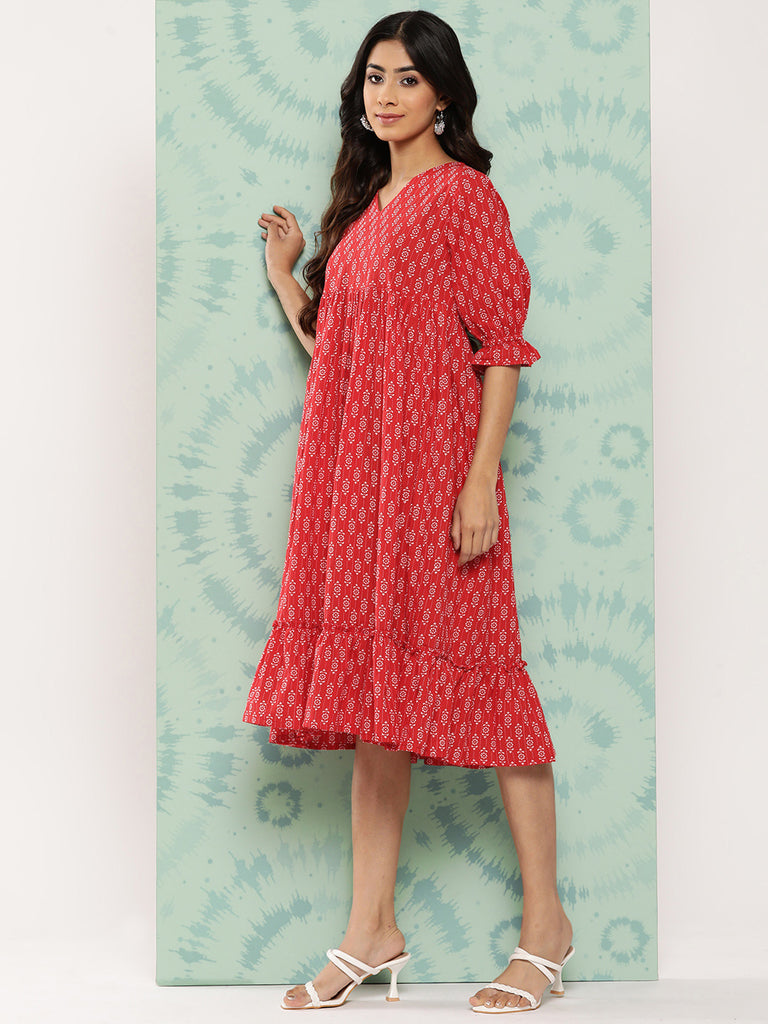 Women's Ethnic Motifs Printed Red Cotton Dress