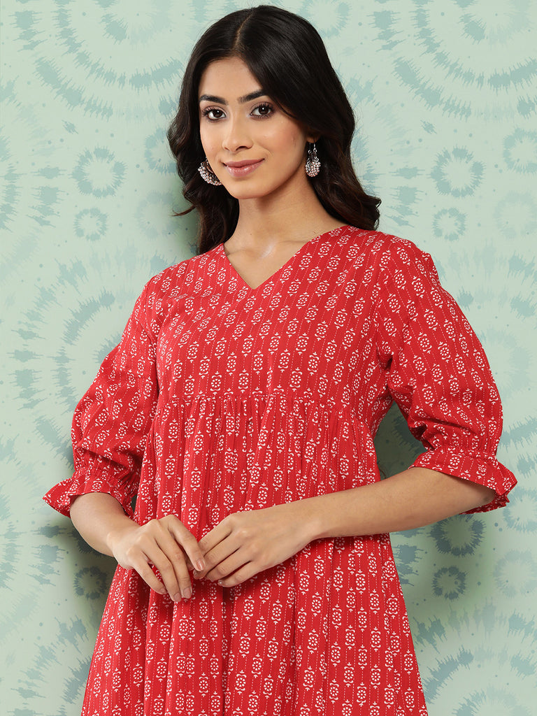 Women's Ethnic Motifs Printed Red Cotton Dress