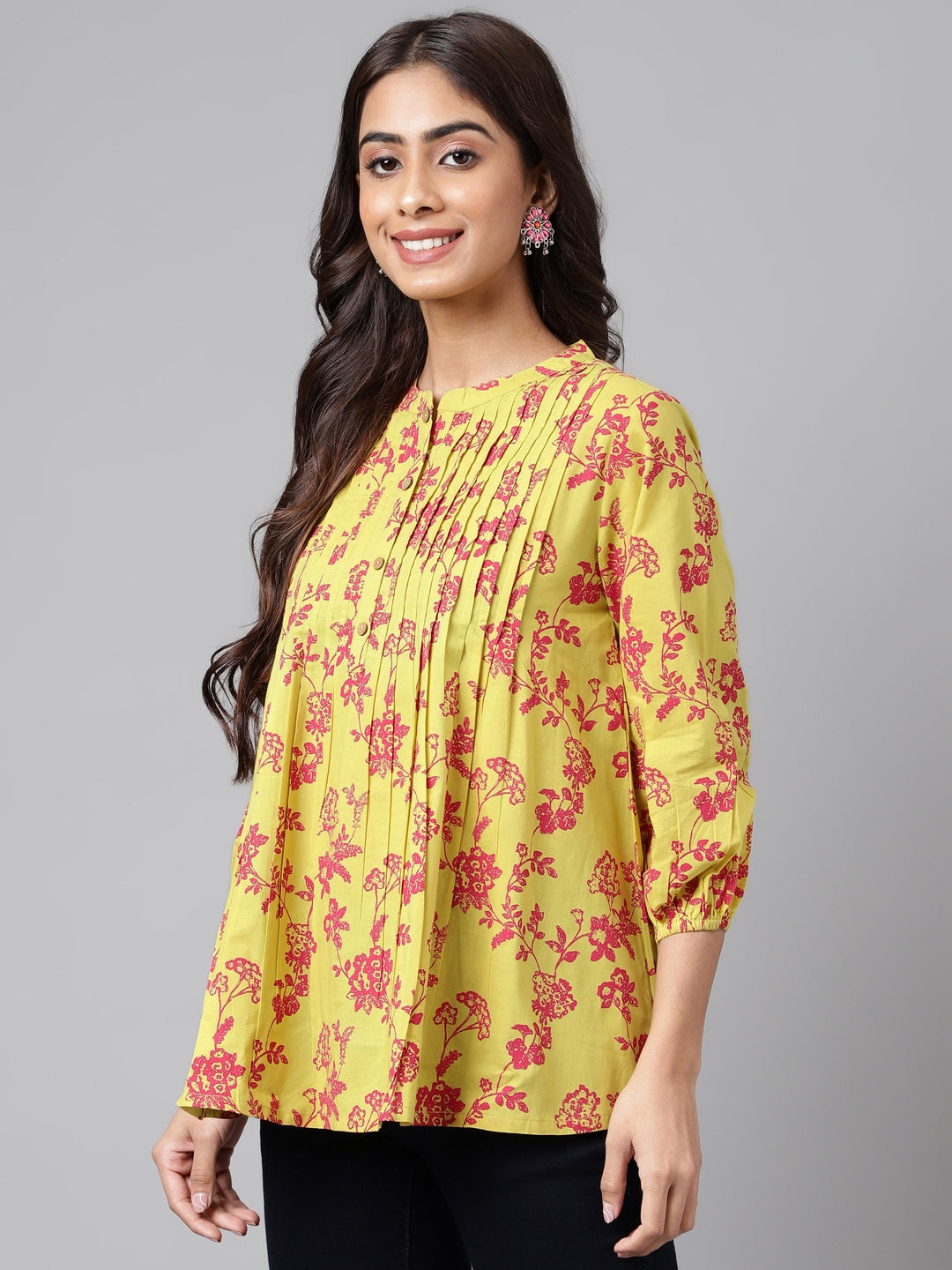 Women's Floral Printed Yellow Cotton Tops - Janasya