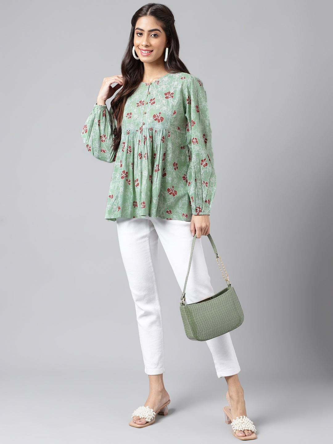 Women's Floral Printed Green Cotton Tops - Janasya
