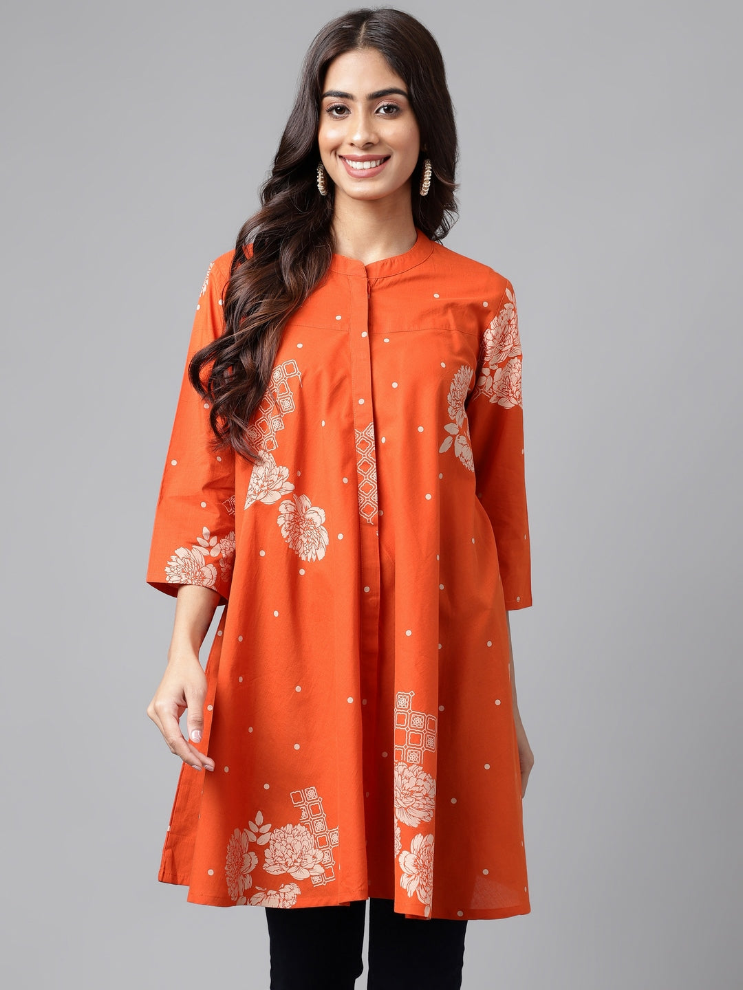 Women's Floral Printed Orange Cotton Tunics - Janasya