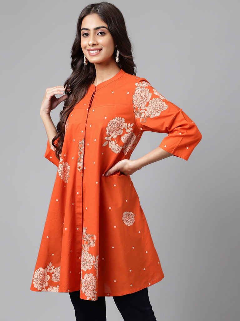 Women's Floral Printed Orange Cotton Tunics