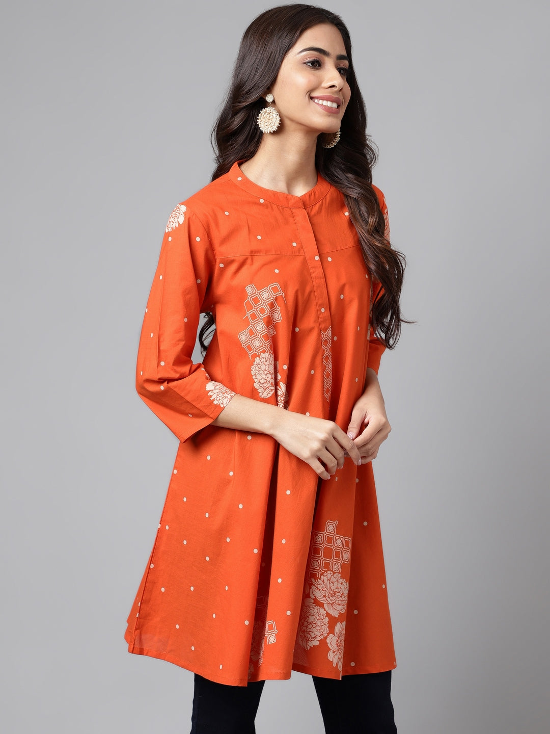 Women's Floral Printed Orange Cotton Tunics - Janasya