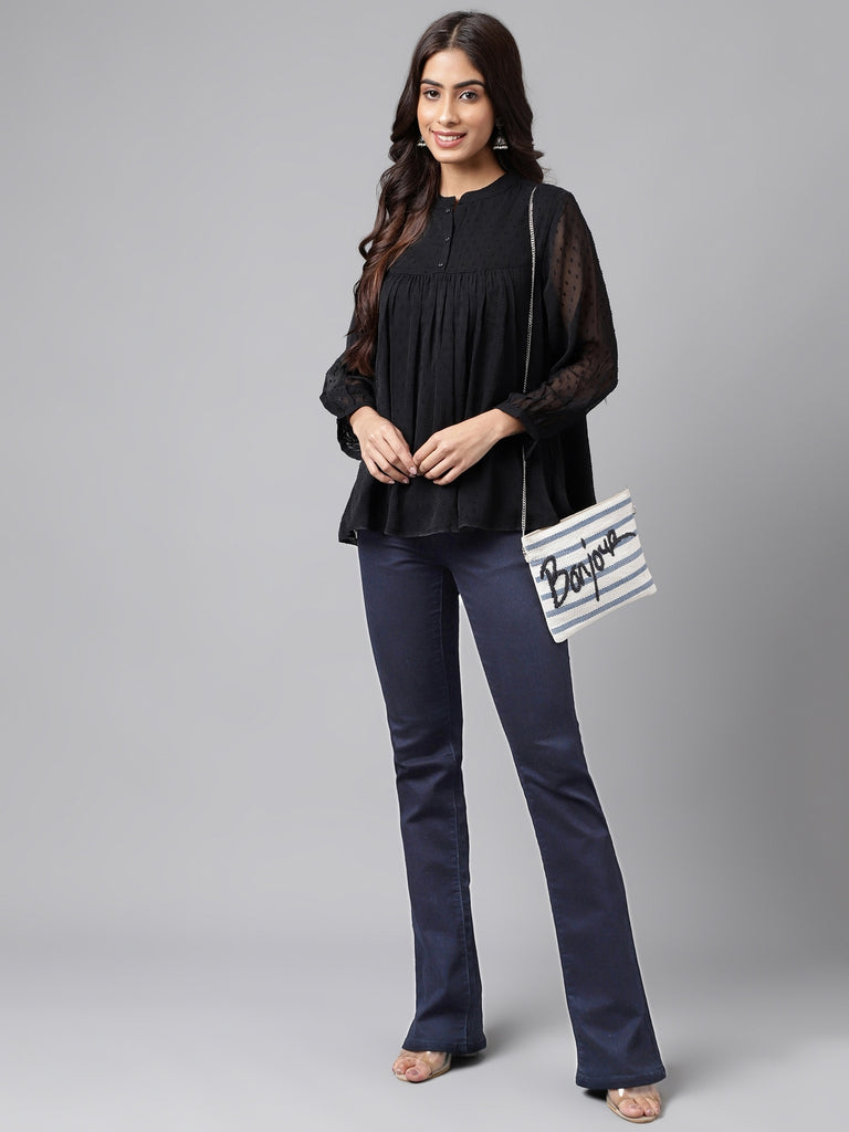 Women's Solid Black Dobby Chiffon Tops
