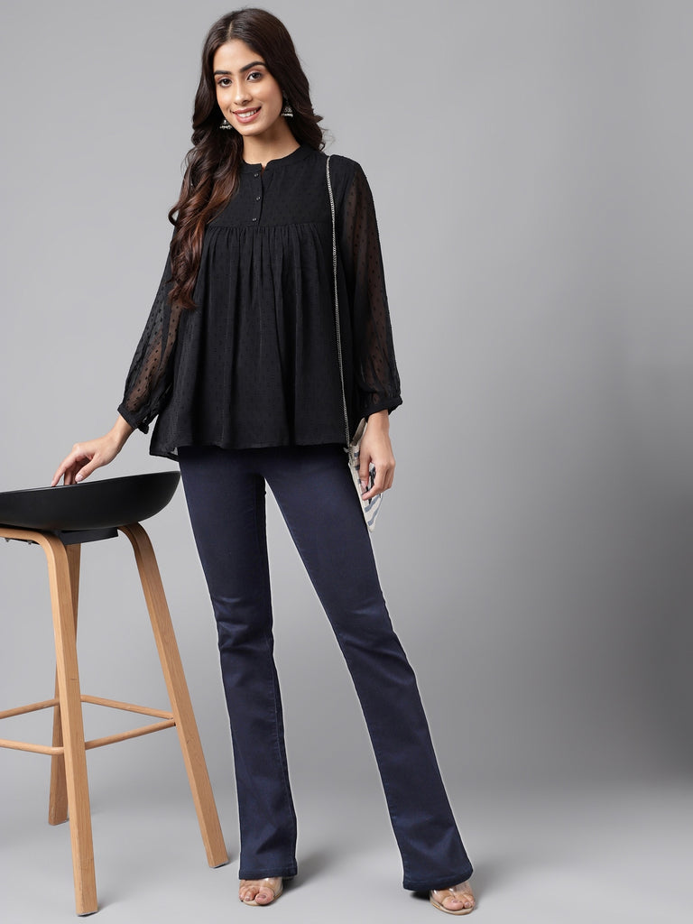 Women's Solid Black Dobby Chiffon Tops