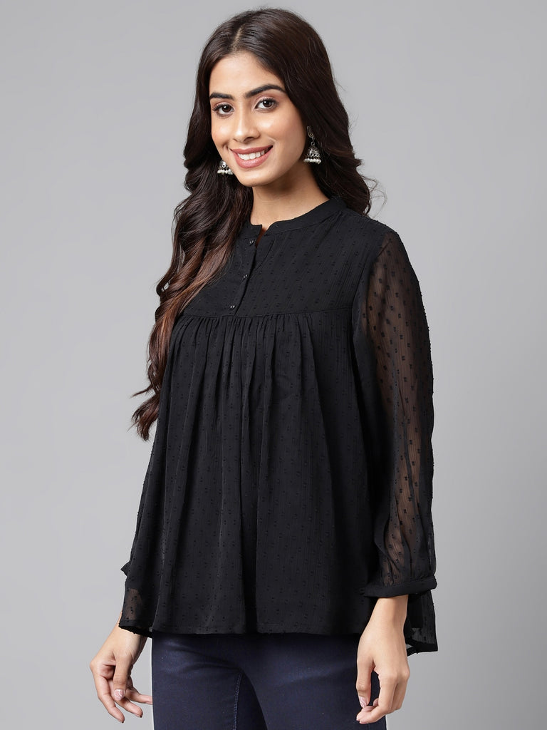 Women's Solid Black Dobby Chiffon Tops