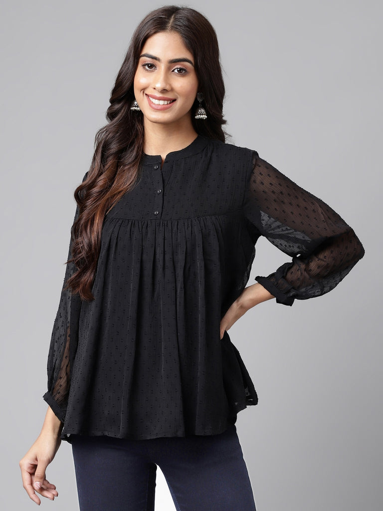 Women's Solid Black Dobby Chiffon Tops