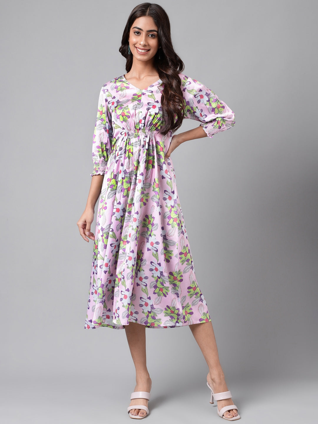Women's Digital Floral Printed Lavender Satin Dress - Janasya