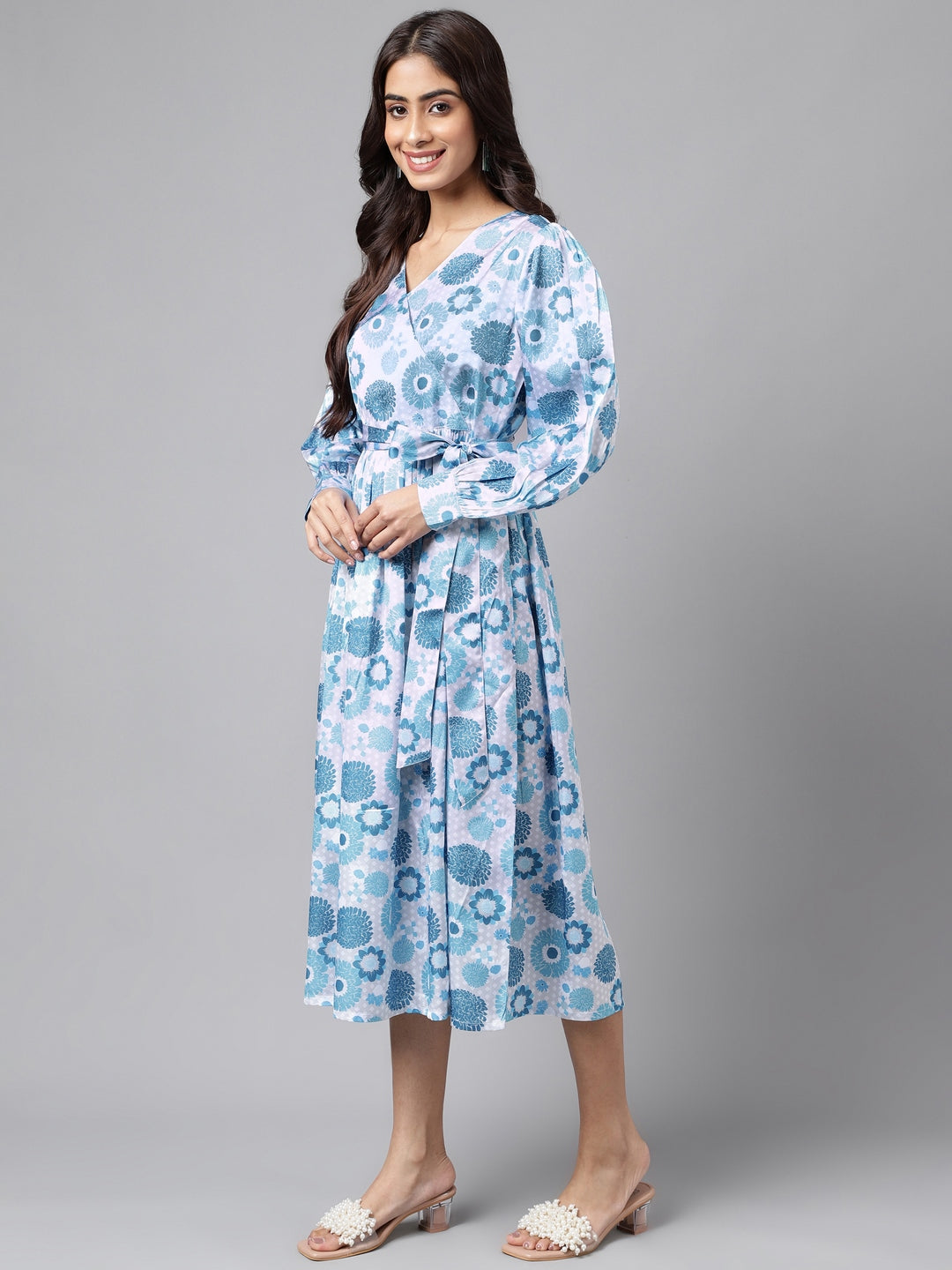 Women's Digital Floral Printed Grey Satin Dress - Janasya