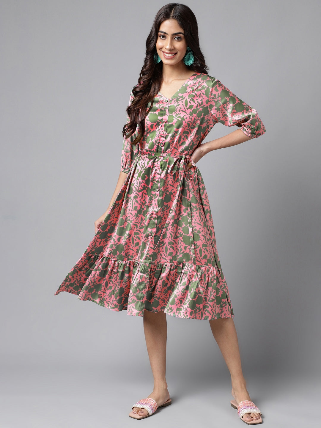 Women's Digital Floral Printed Pink Satin Dress - Janasya