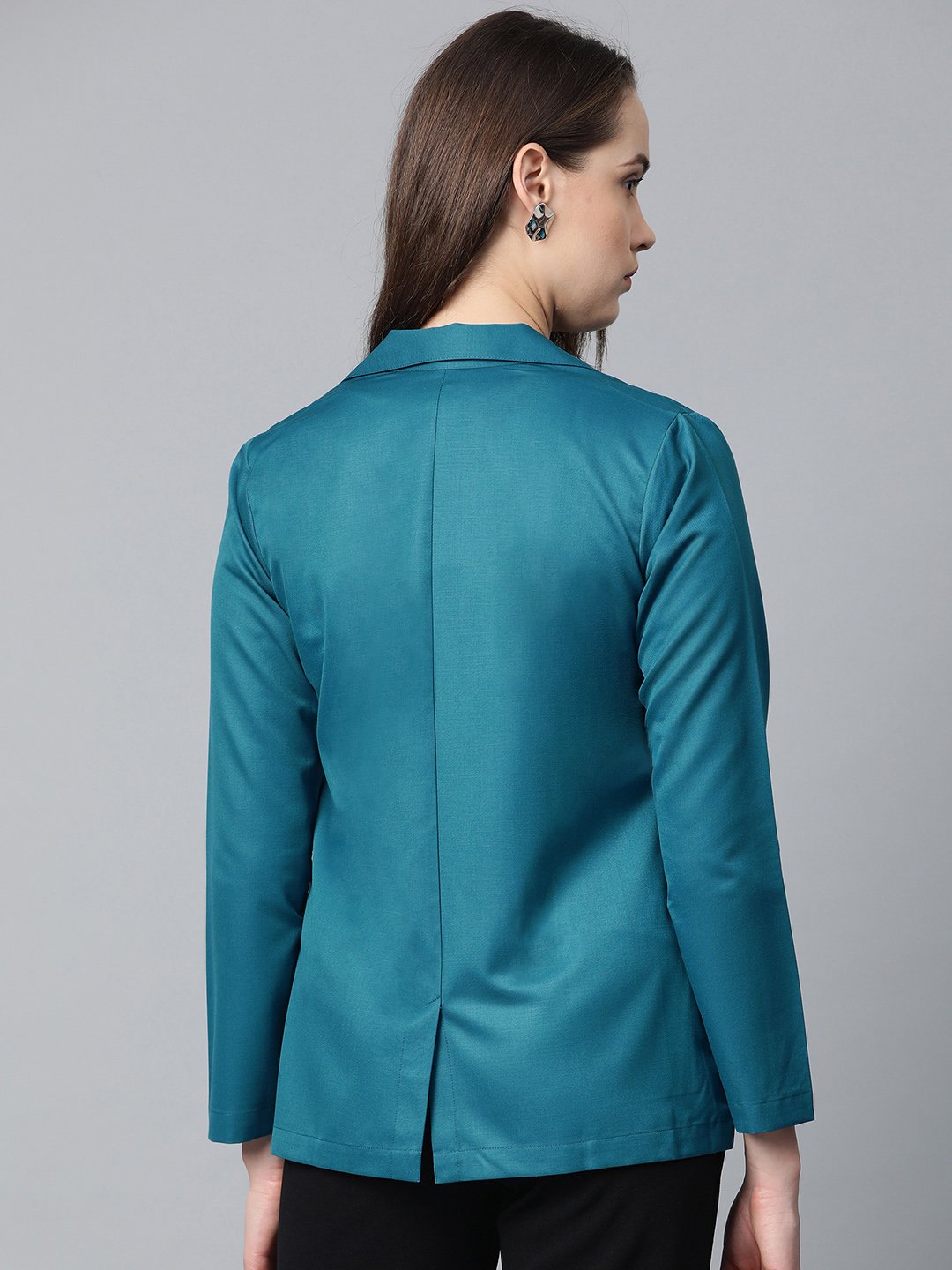 Women's Teal Blue Solid Single Breasted Smart Casual Blazer - Jompers