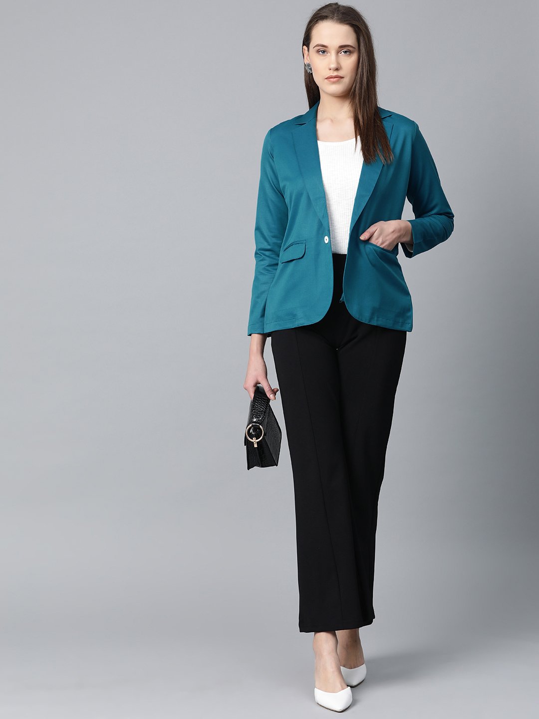 Women's Teal Blue Solid Single Breasted Smart Casual Blazer - Jompers