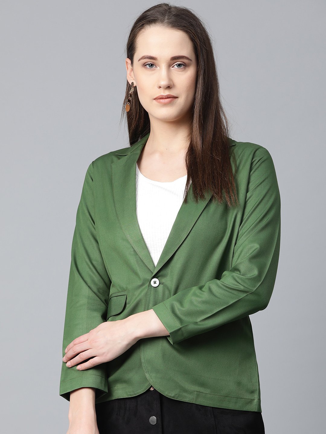 Women's Olive Green Solid Single Breasted Smart Casual Blazer - Jompers