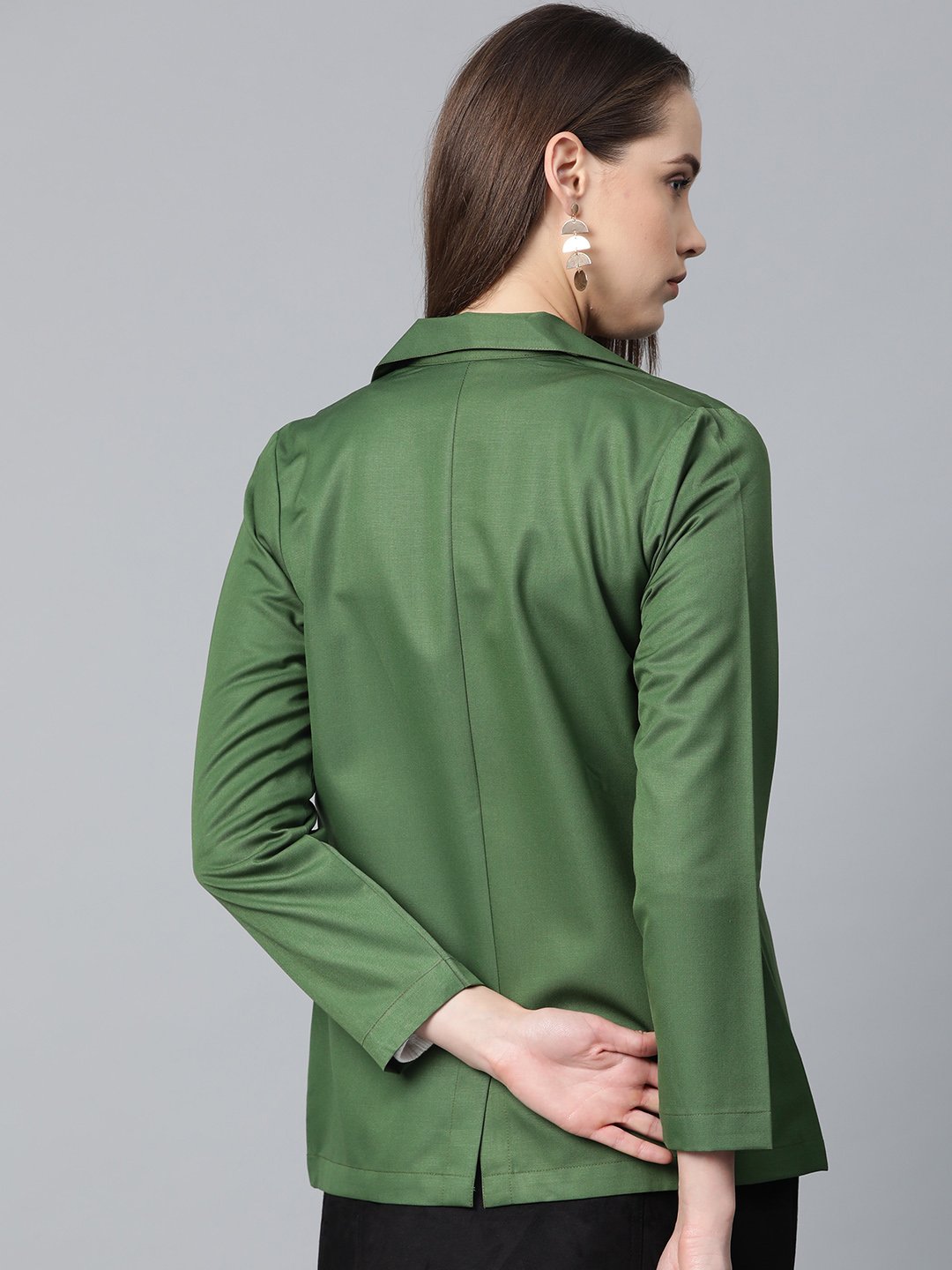 Women's Olive Green Solid Single Breasted Smart Casual Blazer - Jompers