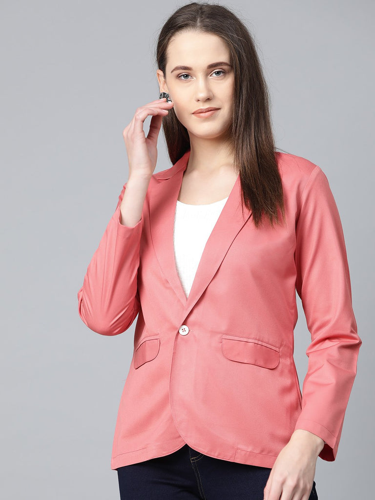 Women's Peach Solid Single Breasted Smart Casual Blazer