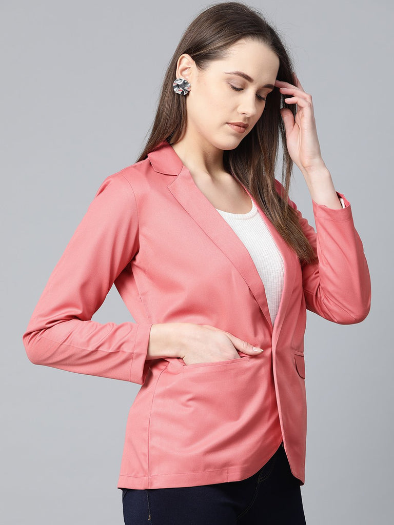 Women's Peach Solid Single Breasted Smart Casual Blazer