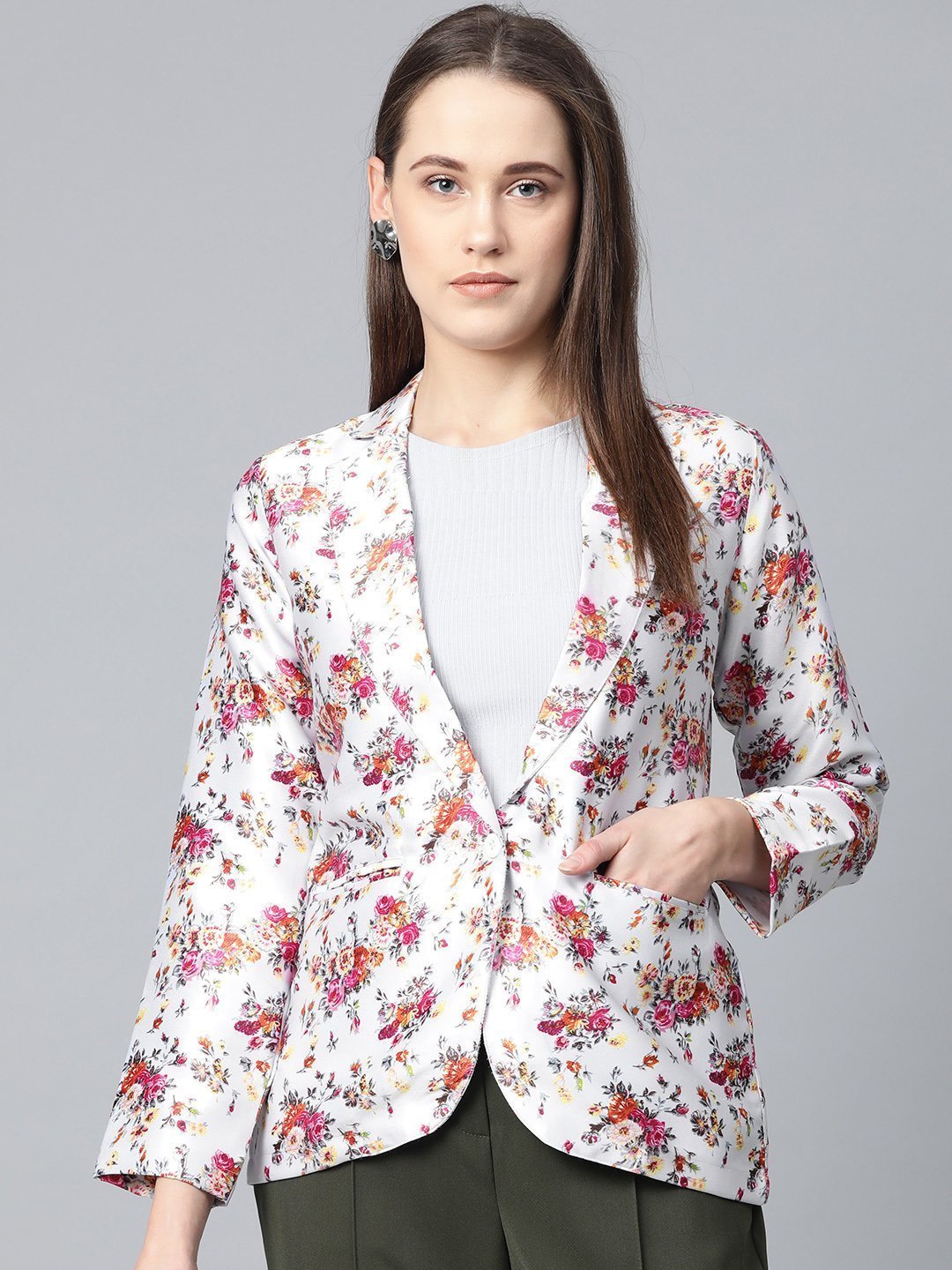 Women's Grey & Pink Satin Floral Print Single Breasted Casual Blazer - Jompers