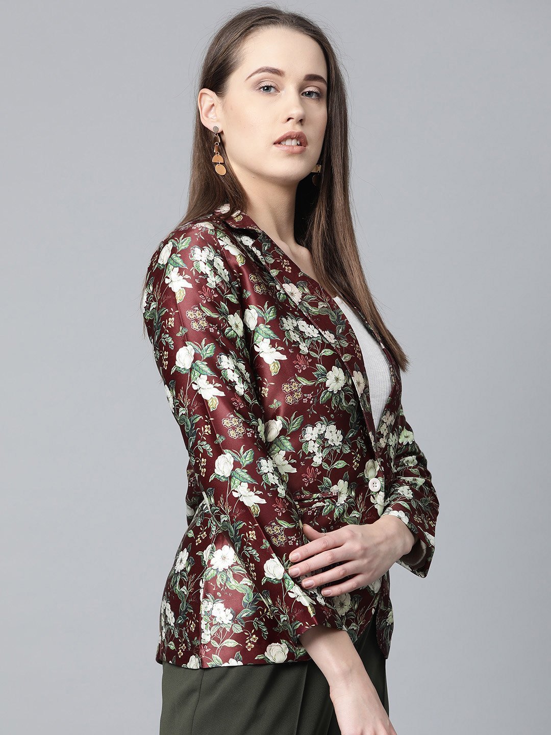 Women's Maroon & Green Satin Floral Print Single Breasted Casual Blazer - Jompers