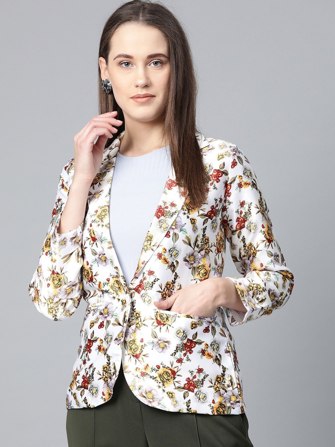 Women's White & Yellow Satin Finish Floral Print Single Breasted Blazer - Jompers