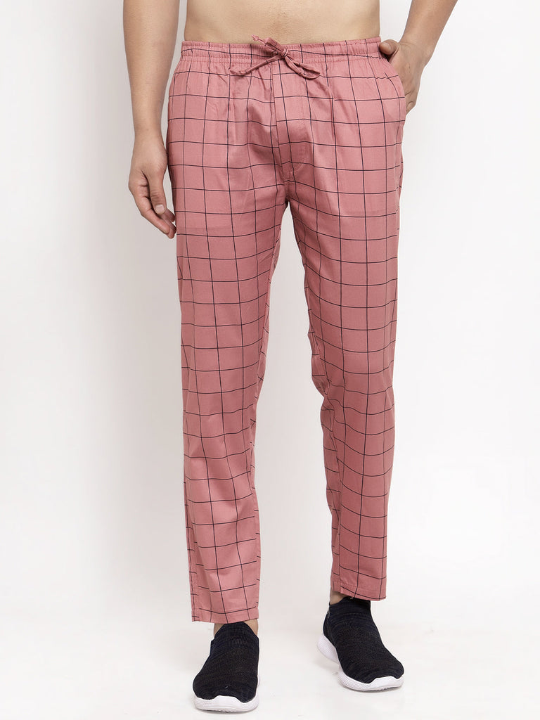 Men's Peach Checked Cotton Track Pants ( JOG 012Peach )