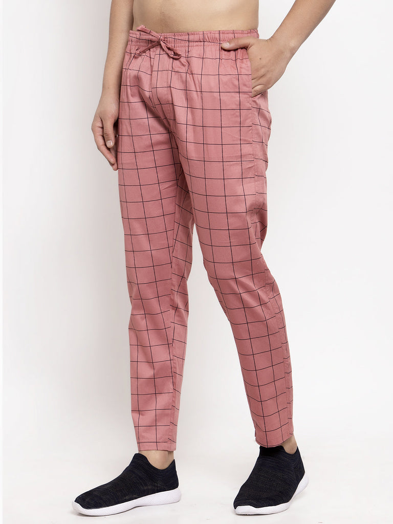 Men's Peach Checked Cotton Track Pants ( JOG 012Peach )