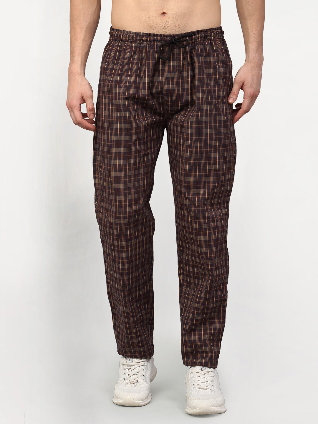 Men's Brown Cotton Checked Track Pants ( JOG 015Brown ) - Jainish