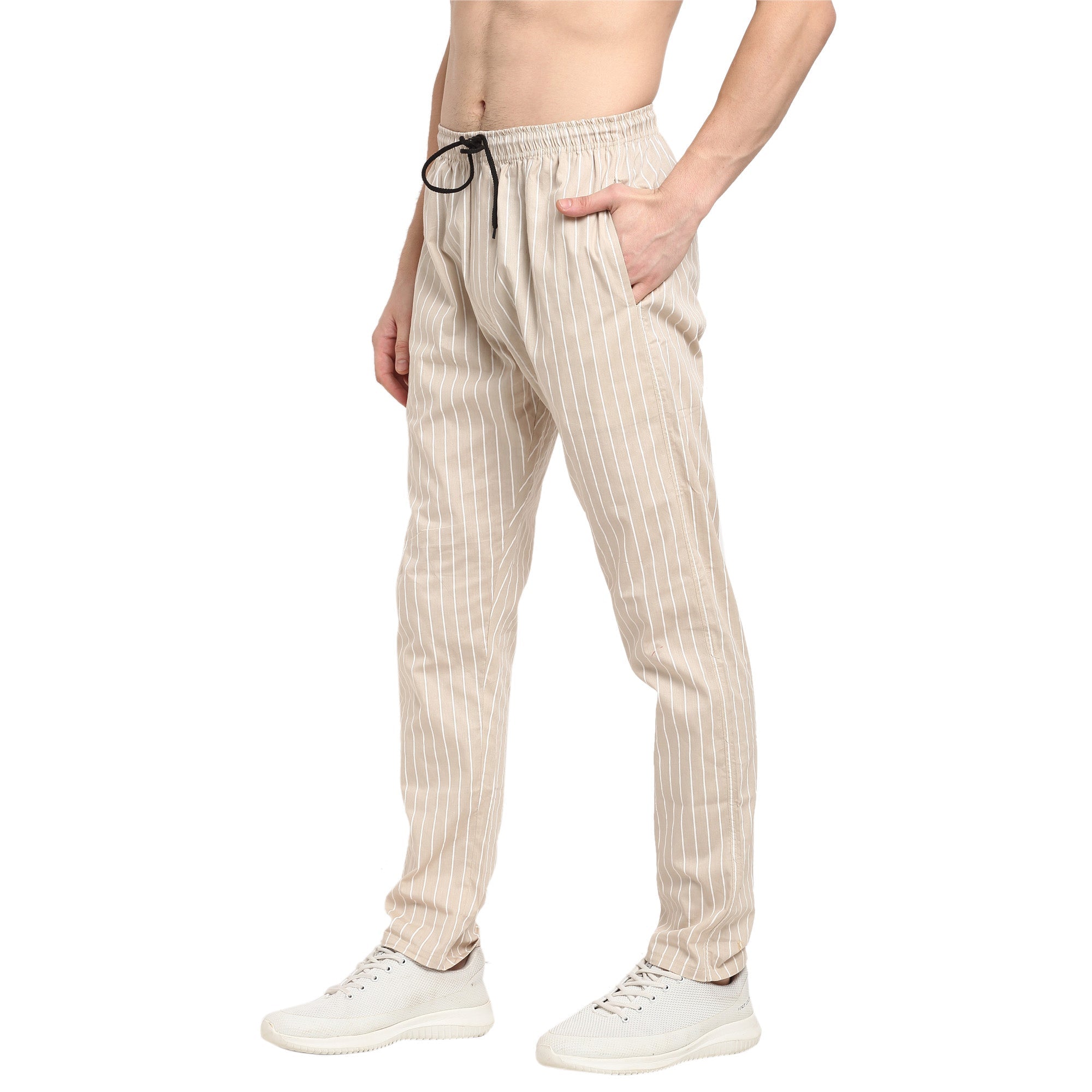 Men's Beige Cotton Striped Track Pants ( JOG 020Cream ) - Jainish